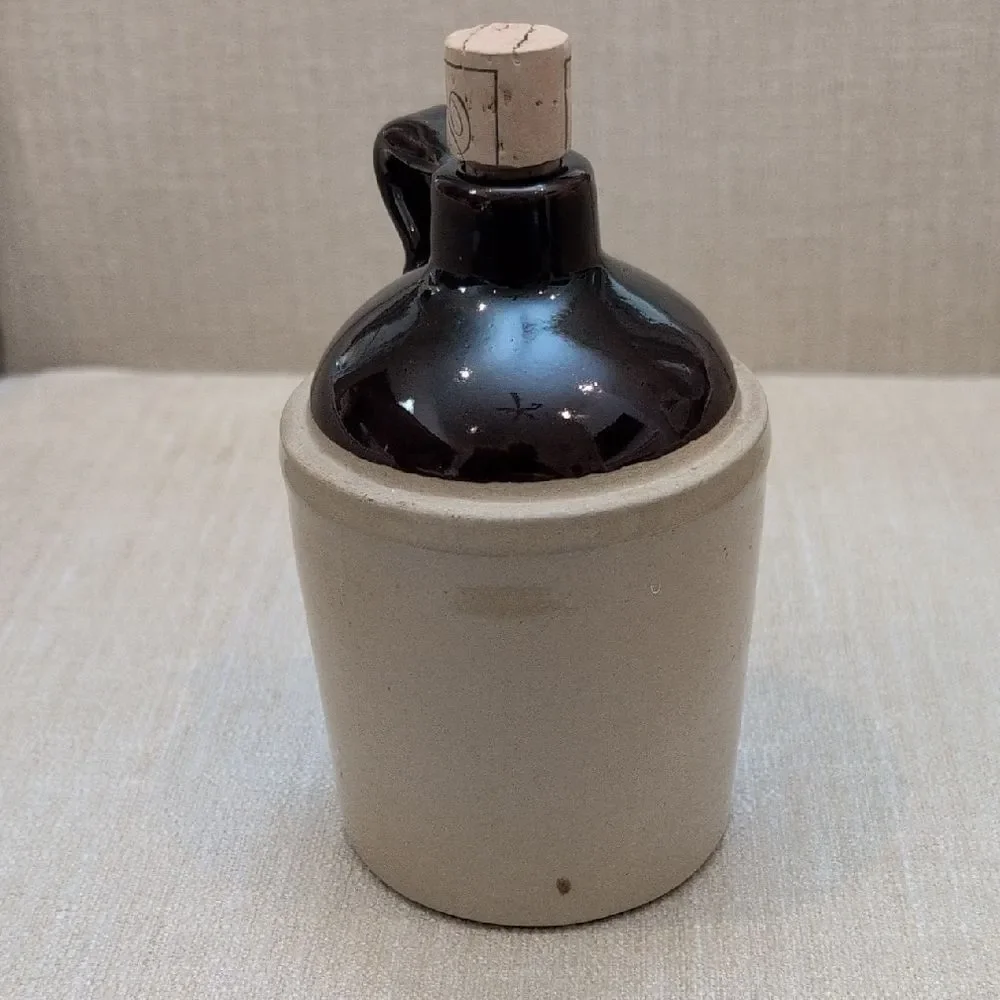 Vintage Pottery Whiskey Crock Stoneware Jug with Handle and Cork Made In USA
